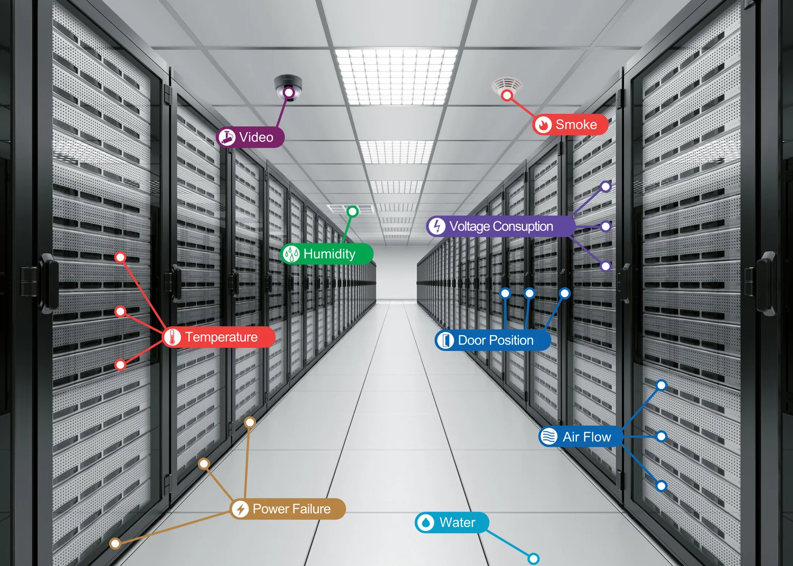 Corridoio di data center con i punti di misura di video, temperatura, umidità, tensione, porte, flusso d’aria, acqua e power failure