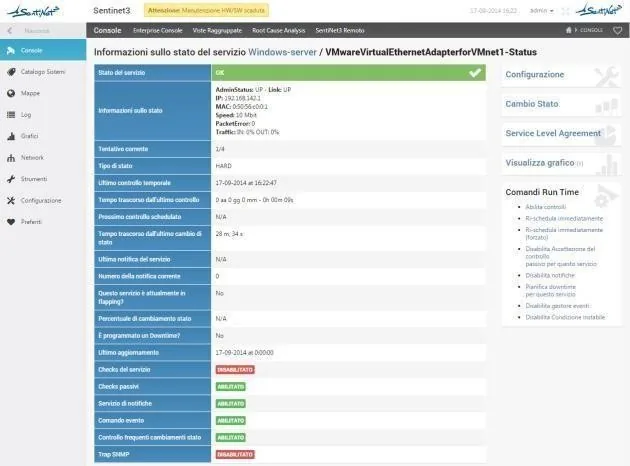 Scheda di stato di un servizio monitorato con tentativi, tempi dei controlli, notifiche e comandi run time