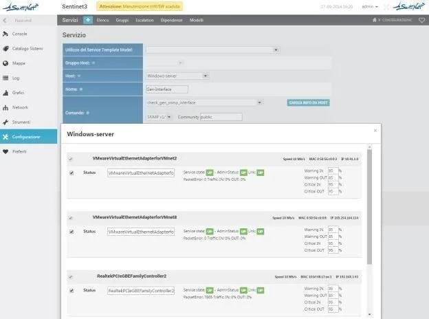 Interface Inspector: interfacce di rete di un host Windows con stato, traffico e soglie di warning e critical in ingresso e in uscita