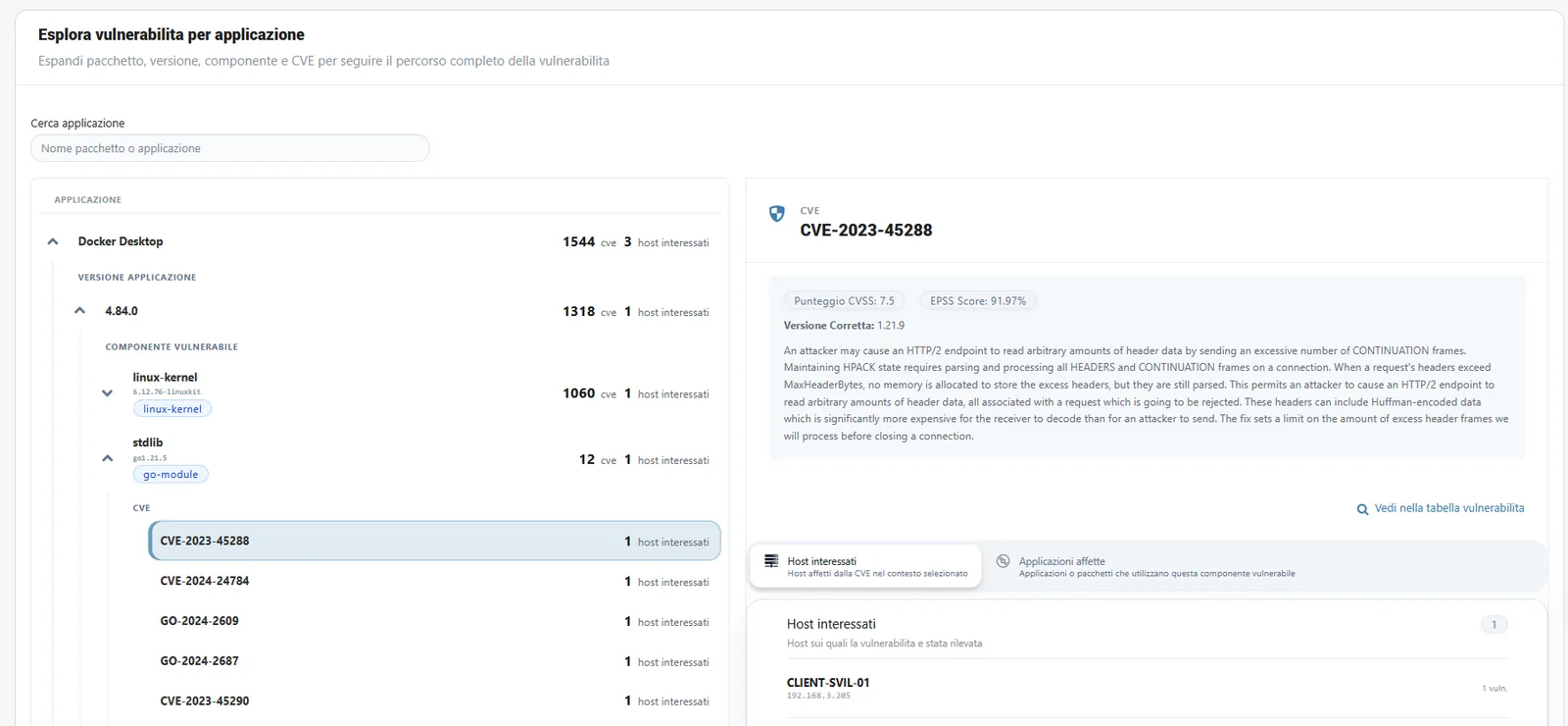 Drill-down applicativo: dalle applicazioni alle librerie e alle vulnerabilità correlate